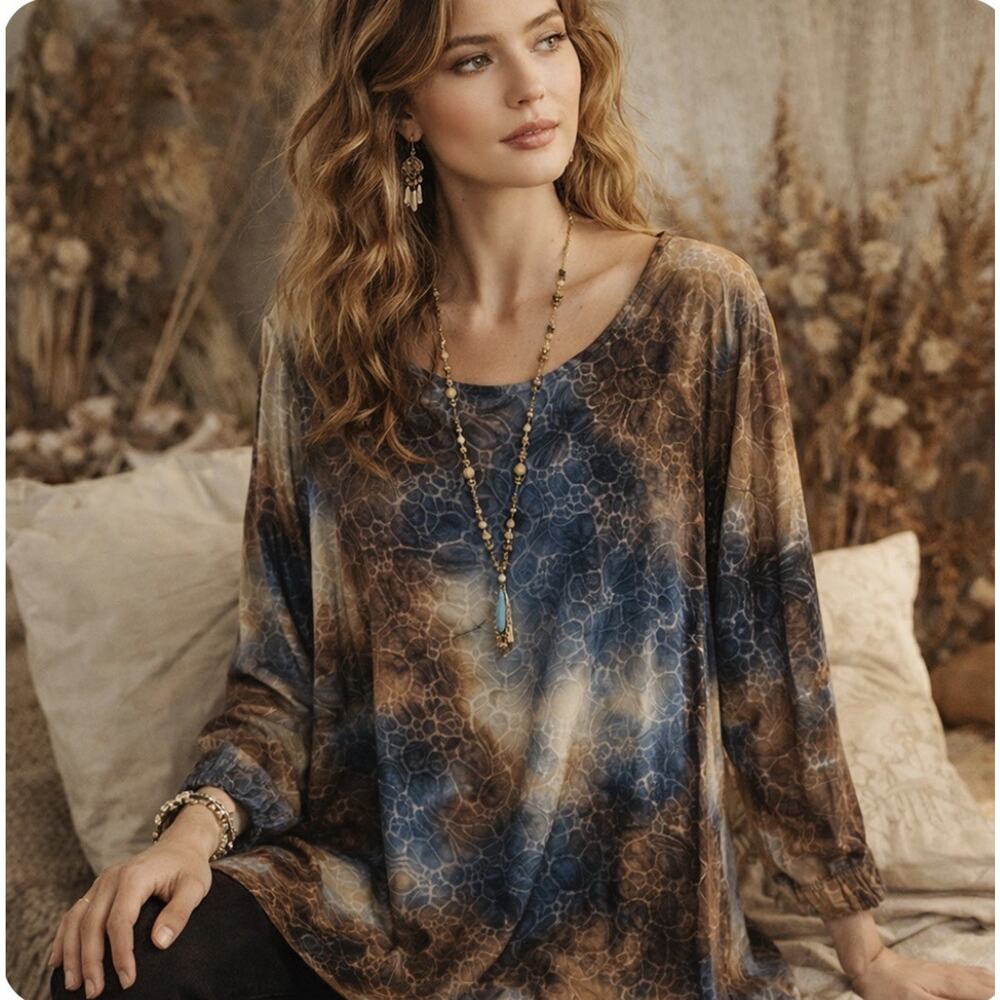 Cocomo Sz 2XL Flowy Boho Abstract Tie Dye Style Raised Texture Tunic Ruched Slv
